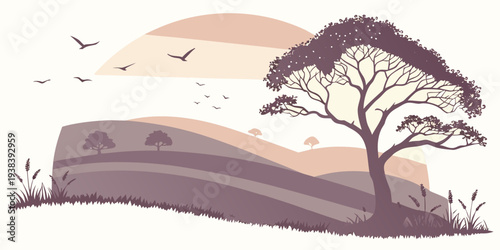 A serene landscape with a single tree on a hill during sunset Vector