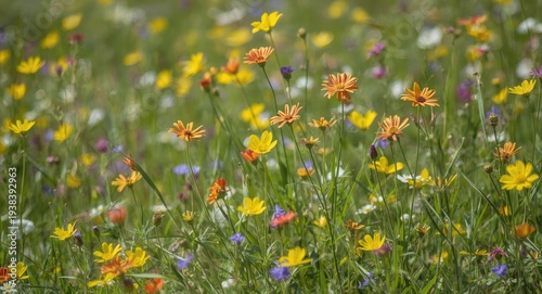 Colorful flowers blooming vibrantly in a lively sunlit meadow