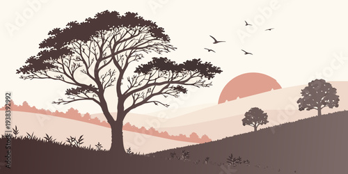 A serene landscape with a lone tree and a vibrant sunset over distant hills Vector