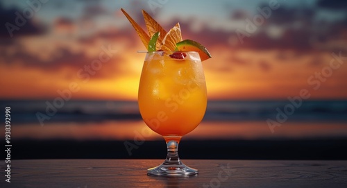 Bright and chilled rum punch drink garnished with tropical fruits at sunset
