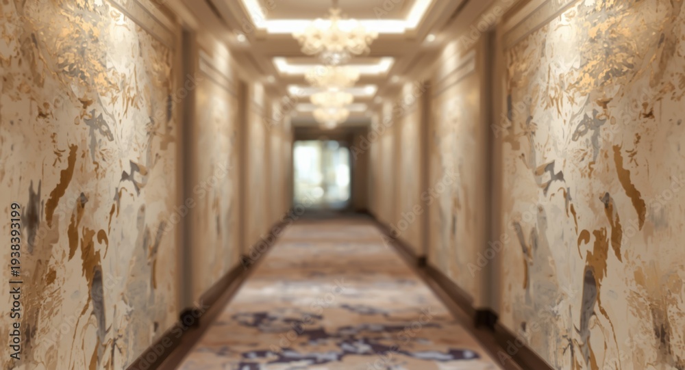 Obraz premium Blurred upscale hotel corridor with mixed gold and silver paint splatters creating an elegant feminine design