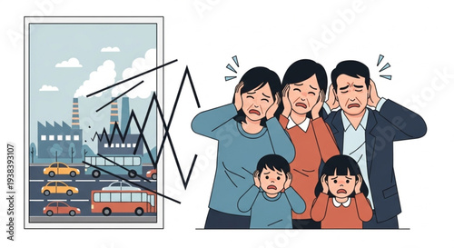 Family covering ears from loud noise pollution from city traffic and factories.