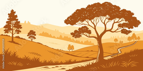 A serene landscape with a solitary tree on a rolling hill under a clear sky Vector