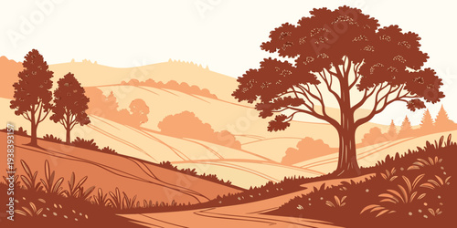 A serene landscape with trees and a vast open field under a clear sky Vector