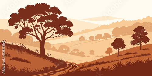 A solitary tree stands tall in a vast, golden landscape under a clear blue sky. Vector