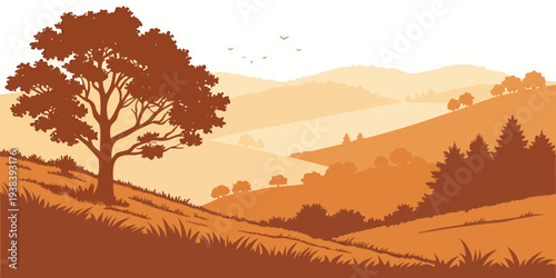 A serene landscape of trees and rolling hills under a warm sunset sky Vector
