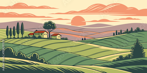 Vast green fields under a vibrant sunset sky with distant mountains Vector