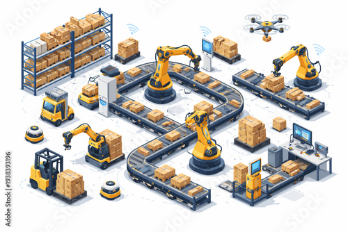 Advanced robotic automation in modern warehouse distribution center with drones and conveyors