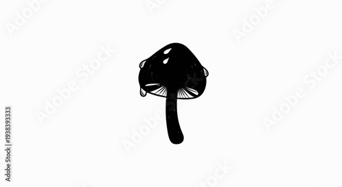 A stylized, black and white illustration of a single mushroom on a white background