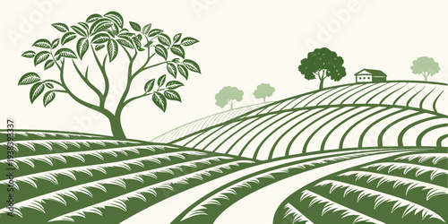 A serene landscape with rolling hills and a single tree in the distance Vector