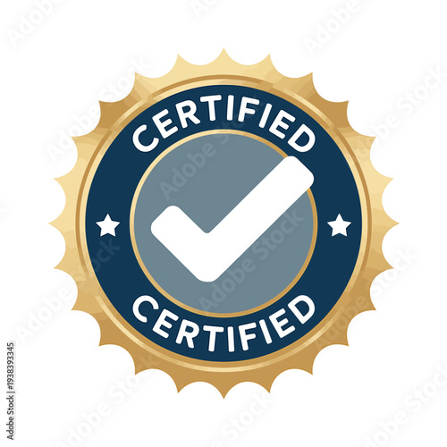 Certified badge icon with checkmark and gold border seal