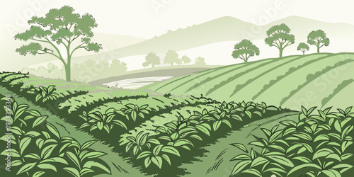 A serene landscape of rolling hills covered in lush green grass and dotted with trees Vector