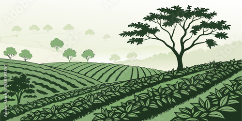 A serene landscape with a single tree standing tall on a lush green hillside. Vector