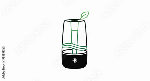 A stylized humidifier with a green leaf and wavy lines