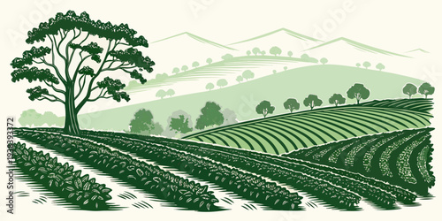 A picturesque landscape of rolling hills and lush greenery under a clear blue sky Vector