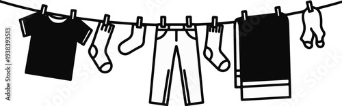 A simplified black and white graphic of laundry hanging on a clothesline