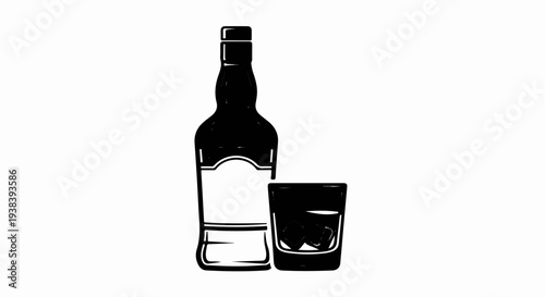 A black ink drawing of a liquor bottle and a glass of ice