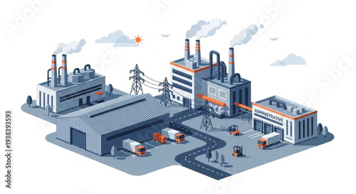 Industrial factory complex with smoking chimneys and trucks.