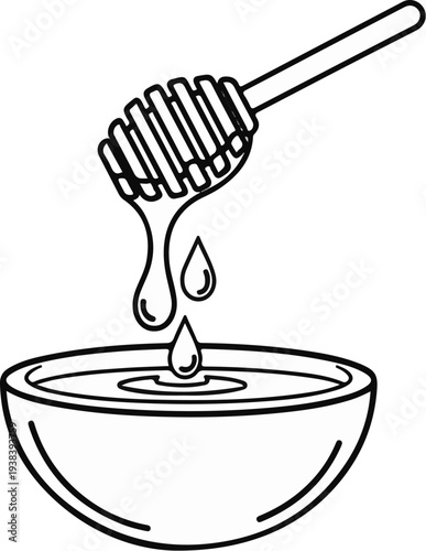 A honey dipper dripping golden nectar into a ceramic bowl