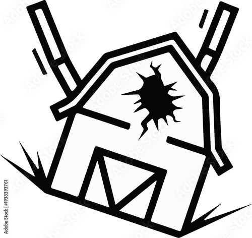 Stylized outline of a damaged barn with a large hole in the roof