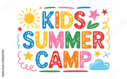 Kids summer camp colorful illustration with sun stars and clouds