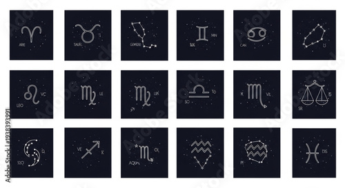 Collection of Zodiac Signs in Minimalist Style on Dark Background.