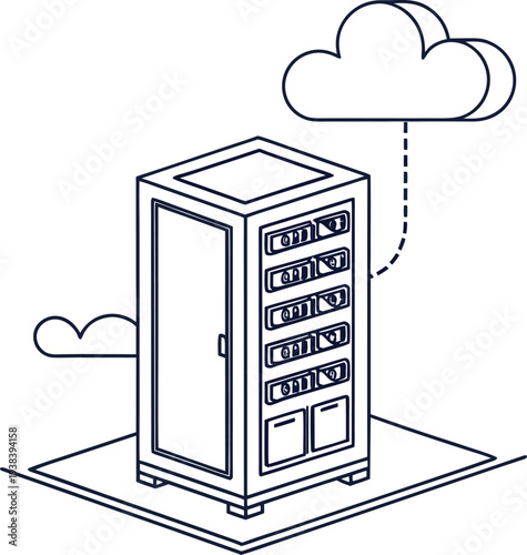 Vector illustration of server cabinet with cloud storage