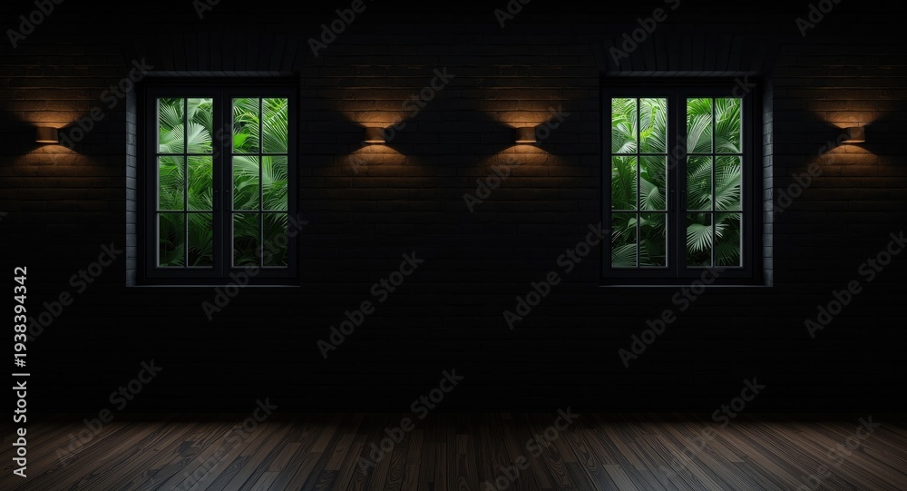 Fototapeta premium Dimly lit room with black brick wall illuminated by wall sconces and windows framing vibrant greenery