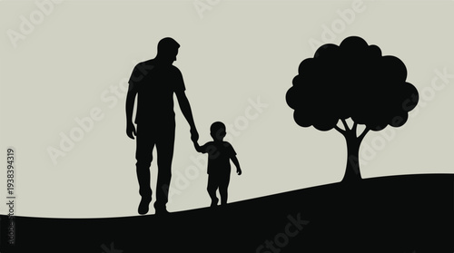 Father and child silhouettes walking together, minimalist graphic design