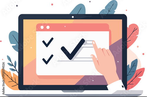 Finestra del browser dell'elenco di controllo. Segno di spunta. Segno di spunta bianco sullo schermo del laptop. Scelta, concetti di indagine. Elementi per banner web, siti web, vettoriale