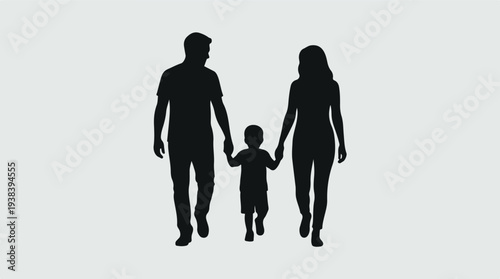 Family of three with child walking hand in hand, black silhouette illustration