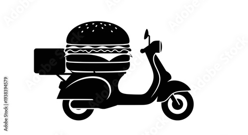 Solid Black Burger Delivery Scooter Silhouette Minimal Fast Food Service Vector Illustration