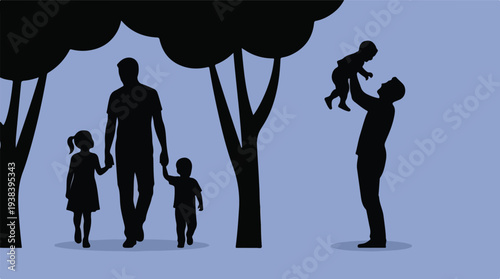 Fatherhood silhouettes: Dads playing and walking with children in park
