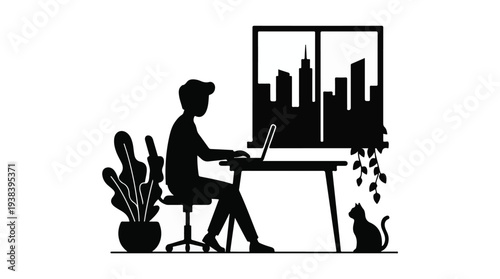Remote work illustration with person on laptop, cityscape, and cat