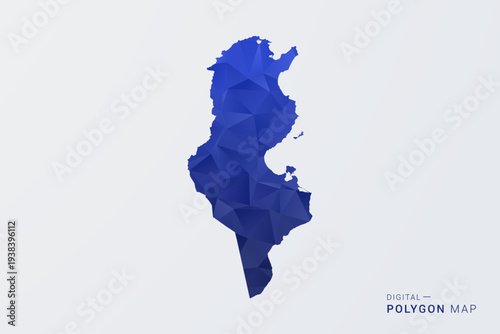 Tunisia Map - Polygon Style Vector Illustration in Deep Blue Gradient, Low Poly Geometric Design, Clean Silhouette Isolated on White Background for Infographics.
