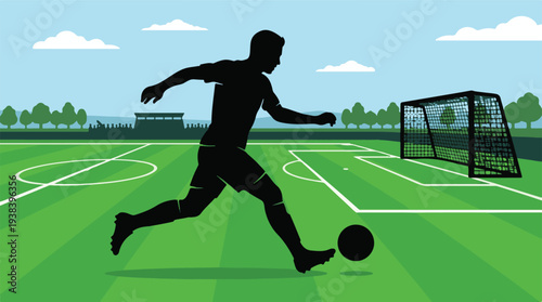 Soccer player silhouette running with ball on a sunny stadium pitch