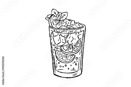 Classic Mojito Highball Glass With Mint And Lime Sketch Illustration Design