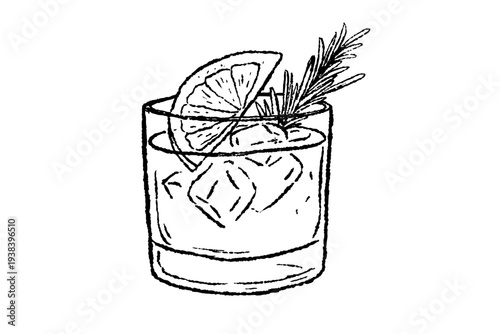Old Fashioned Whiskey Cocktail On The Rocks Sketch Illustration Design