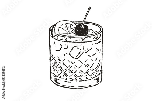Whiskey Sour Cocktail With Cherry And Orange Slice Sketch Illustration Design