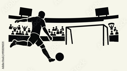 Football player silhouette kicking a ball during a match in a stadium