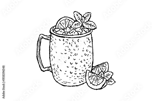 Moscow Mule Cocktail In Copper Mug With Lime Sketch Illustration Design
