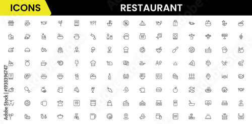 Restaurant line icons set. Restaurant, menu, cooking, drink, chef, table, cafeteria, wine, dish, and eating. Vector illustration