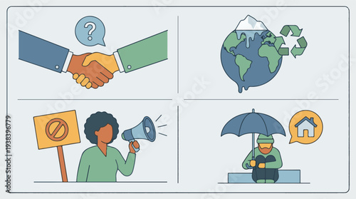 Illustration of social and environmental challenges, activism, and support