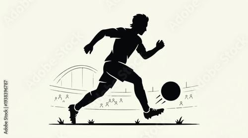 Graphic silhouette of a soccer player dribbling on a field
