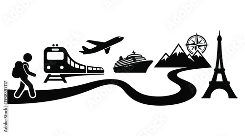Global travel journey with various transportation modes and iconic destinations