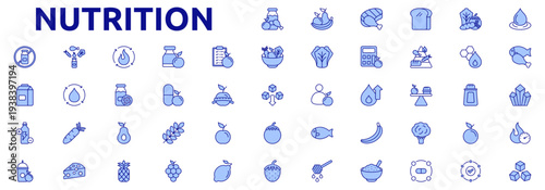 Nutrition icon set color lineal style with fruits, meat, carbohydrate, vegetable, water, protein, mineral, calories, sugar, metabolism, supplement, nutrition plan, healthy food icons