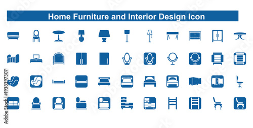 Home Furniture and Interior Design Icon Set - Flat Blue Vector Silhouettes for Real Estate, Home Decor, Living Room, and Bedroom Styling
