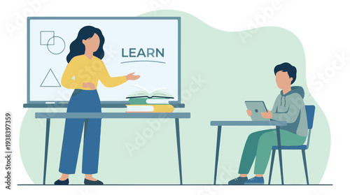 Teacher explaining lesson to student in a classroom, digital learning