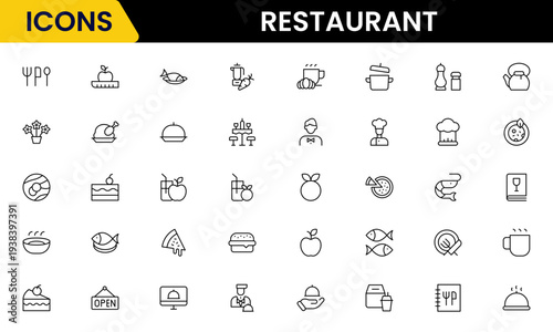 Restaurant line icons set. Restaurant, menu, cooking, drink, chef, table, cafeteria, wine, dish, and eating. Vector illustration