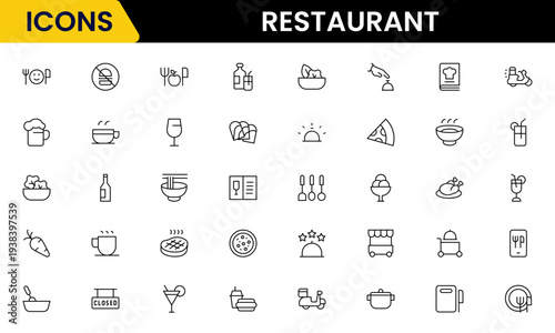 Restaurant line icons set. Restaurant, menu, cooking, drink, chef, table, cafeteria, wine, dish, and eating. Vector illustration
